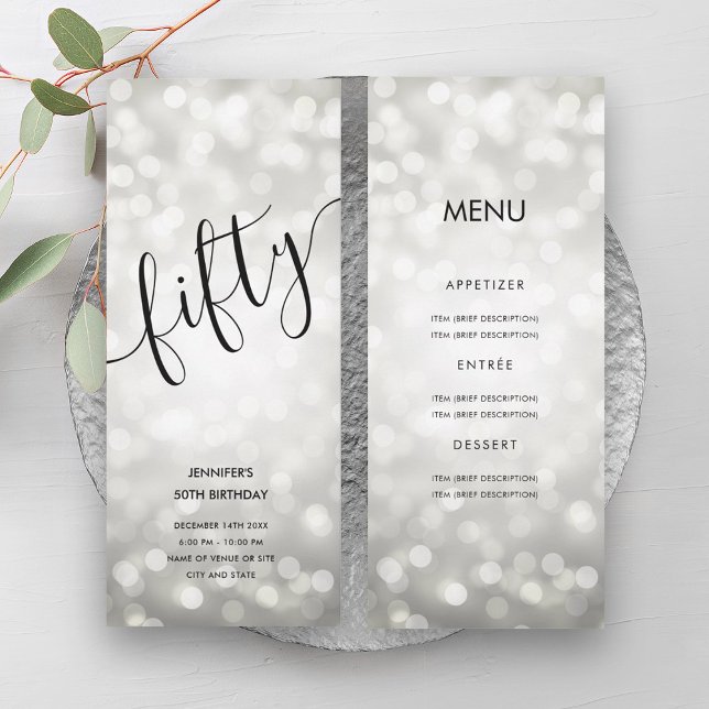 Convite 50º Aniversário das Luzes Leves do Prata (50th Birthday Menu Silver Glitter Lights)