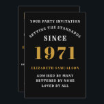 Convite 50º Aniversário de 1971 Preto Dourado Personalizad<br><div class="desc">Para esses nasceres em 1971 e celebrando a sua festa de aniversário, temos o cartão de convite de aniversário ideal. A design de branco e ouro é simples e, no entanto, elegante. Personalize facilmente o texto na frente e na parte traseira deste cartão de convite de aniversário usando o modelo...</div>