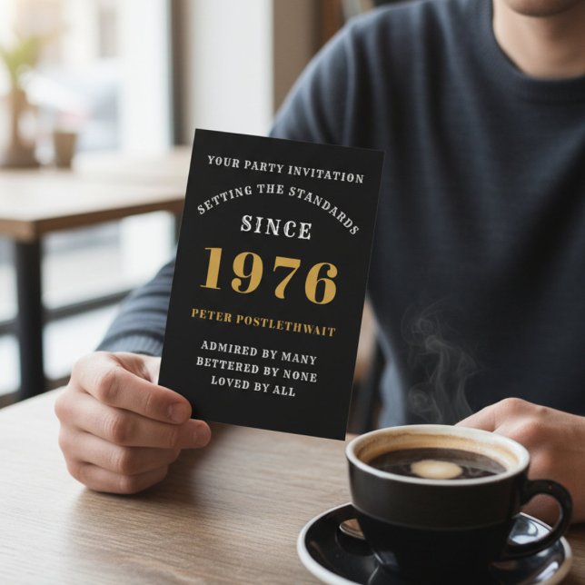 Convite 50º Aniversário de 1975 Preto Dourado Personalizad (50th birthday black and gold invitation)