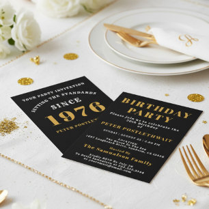 Convite 50º Aniversário de 1976 Preto Dourado Personalizad
