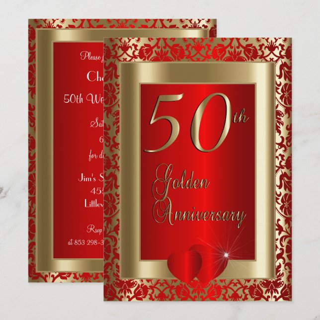 Convite 50º Aniversário de Bodas de Ouro e Vermelhas | Tex (Frente/Verso)