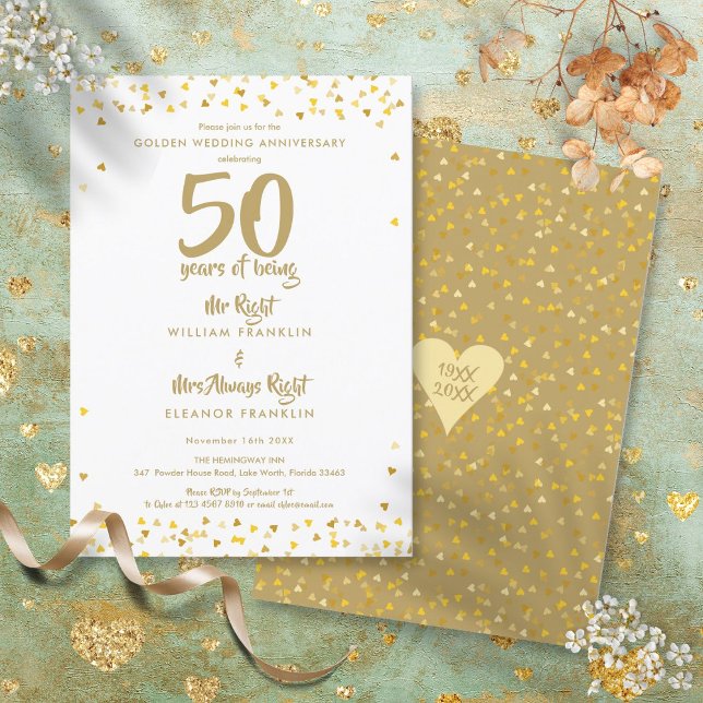 Convite 50º Aniversário de Bodas de Ouro Sr e Sra Certo Di (50th Golden Wedding Anniversary Mr Mrs Right Fun Invitation)
