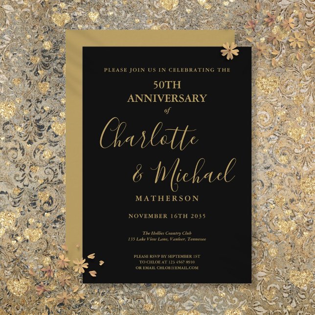 Convite 50º Aniversário de Casamento Assinatura Preto Ouro (50th Wedding Anniversary Black Gold Signature Invitation)