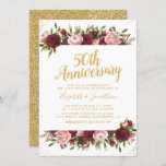 Convite 50º aniversário de casamento Burgundy Blush Dourad<br><div class="desc">Convites elegantes para o 50º aniversário de casamento, com um fundo branco comum que pode ser mudado para qualquer cor, um conjunto de flores florais cor-de-rosa marsala vermelha, burgundy & blush, e um modelo de aniversário moderno. =============================================================================================== Para mais personalização, clique no botão "Personalizar" para modificar" este modelo. Todos os...</div>