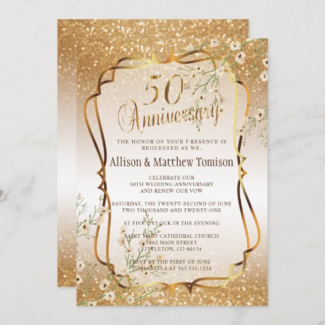 Convite 50º Aniversário de Casamento com Glitter Dourado | (Frente/Verso)