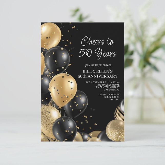 Convite 50º aniversário de casamento Dourado a preto (Em pé/Frente)