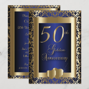 Convite 50º Aniversário de Casamento Dourado e Azul   Text