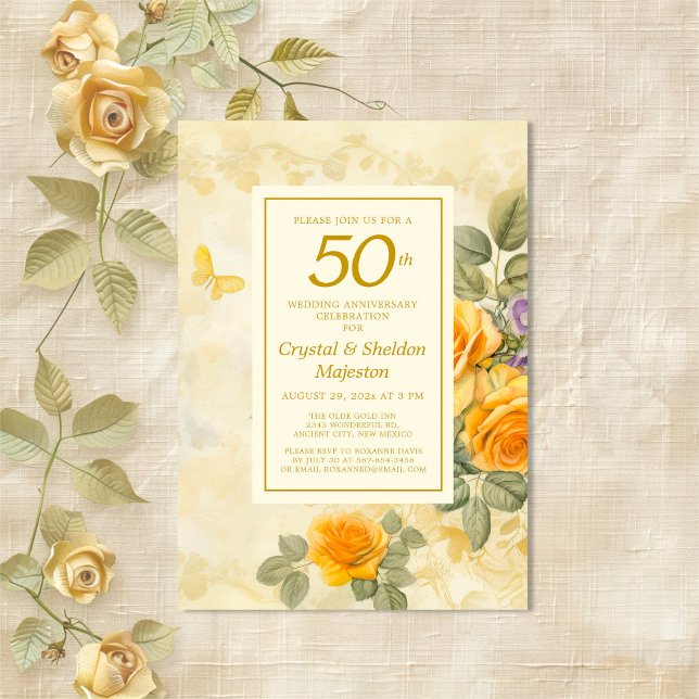 Convite 50º Aniversário de Casamento Dourado e Rosa (Gold Yellow Roses 50th Wedding Anniversary Invitation)