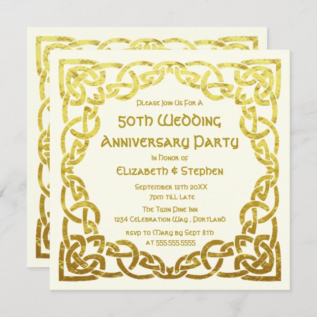 Convite 50º aniversário de casamento Faux Dourado Celtic K (Frente/Verso)