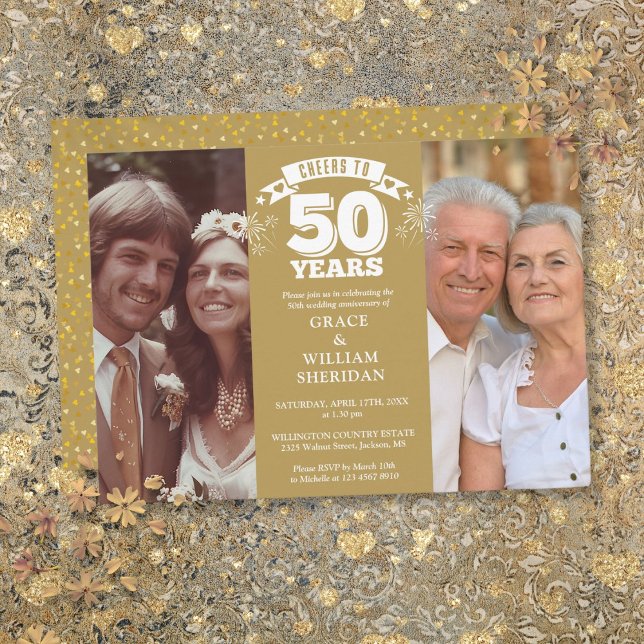 Convite 50º aniversário de casamento Foto 2 (Cheers To 50th Wedding Anniversary 2 Photo Invitation)