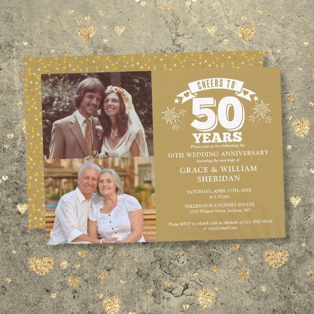 Convite 50º aniversário de casamento Foto 2 (Cheers To 50th Wedding Anniversary 2 Photo Invitation)