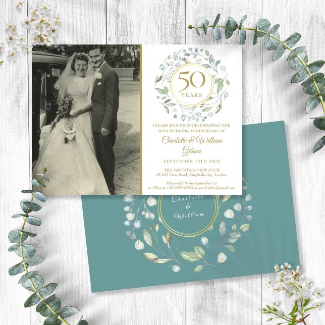 Convite 50º aniversário de casamento Foto Floral Greenery (50th Anniversary Wedding Photo Floral Greenery Invitation)