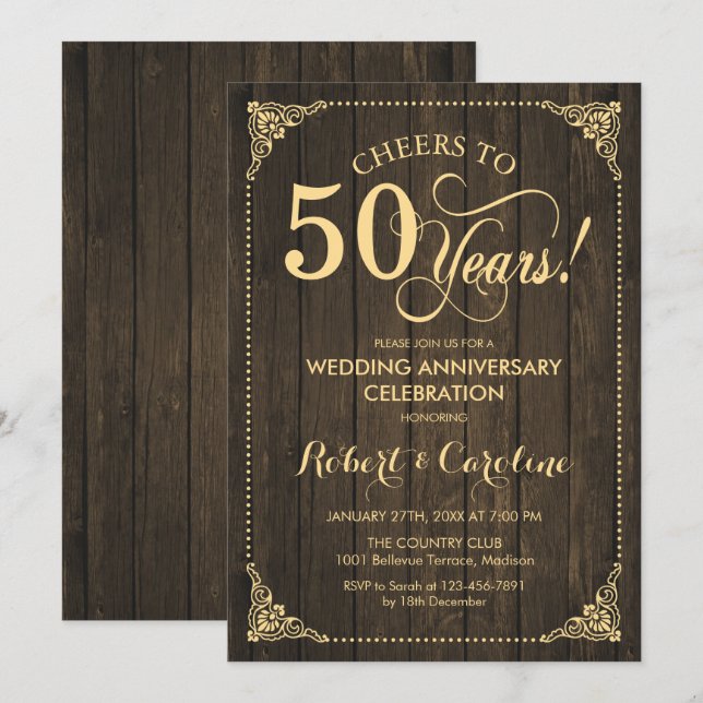 Convite 50º Aniversário de Casamento - Madeira Dourada (Frente/Verso)