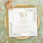 Convite 50º aniversário de casamento Memórias Greenery Squ<br><div class="desc">Apresentando delicado verde-jardim de aquarela,  este convite de aniversário chic pode ser personalizado com suas memórias especiais de 50 anos e informações de celebração,  com um ouro de fundo no sentido inverso. Projetado por Thisnotme©</div>