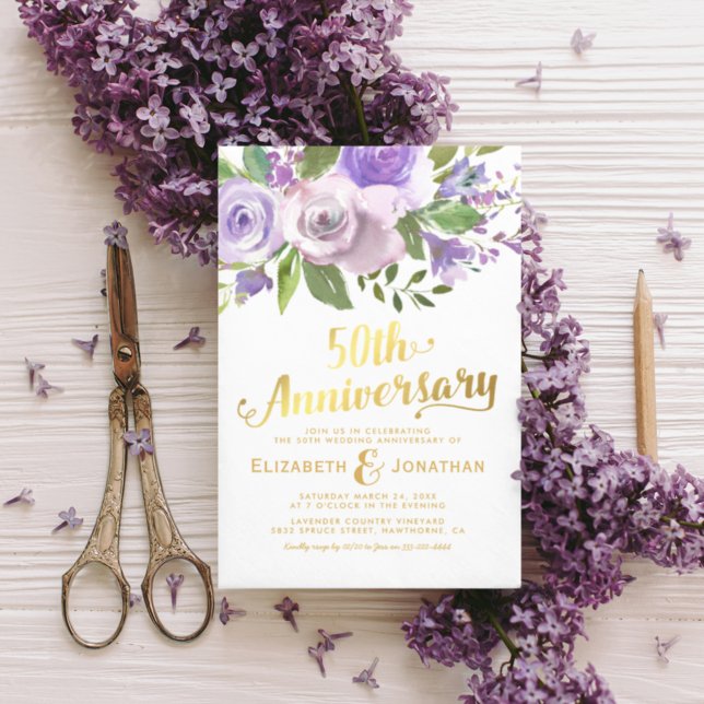Convite 50º Aniversário de Casamento Roxo Dourado Floral (Criador carregado)