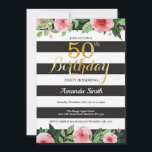 Convite 50º Aniversário de Mulheres. Preto Dourado Floral<br><div class="desc">50º Convite de Aniversário para Mulheres. Convidar Festa de aniversário Preta e Dourada. Dourada Glitter. Flor Floral Cor de Água Rosa. Black and White Stripes. Digital Imprimível. Para mais personalização,  clique no botão "Personalizar" e use a ferramenta design para modificar este modelo.</div>