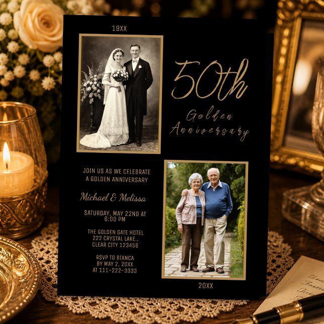Convite 50º Aniversário de Ouro Foto Dourada (Timeless black and gold 50th golden anniversary invitation with elegant photo design.)