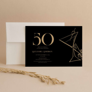 Convite 50º aniversário de preto e ouro minimalista modern