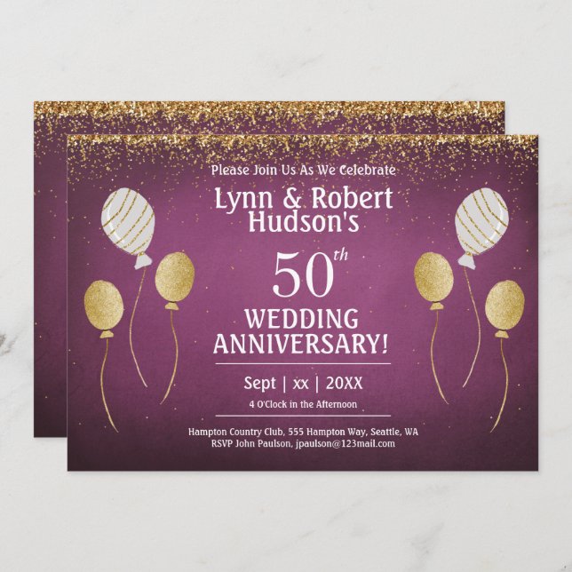 Convite 50º Aniversário do Casamento, Balões Dourados e Br (Frente/Verso)