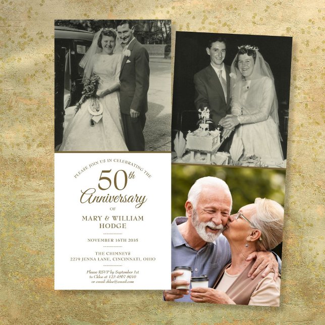 Convite 50º aniversário do casamento do Ouro 3 Foto (50th Golden Wedding Anniversary 3 Photo Invitation)