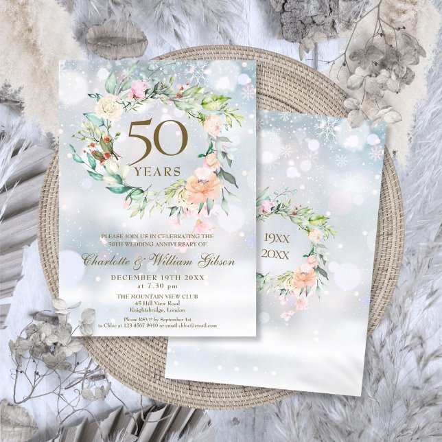 Convite 50º aniversário do casamento do Ouro Winter Floral (50th Golden Wedding Anniversary Winter Floral Invitation)