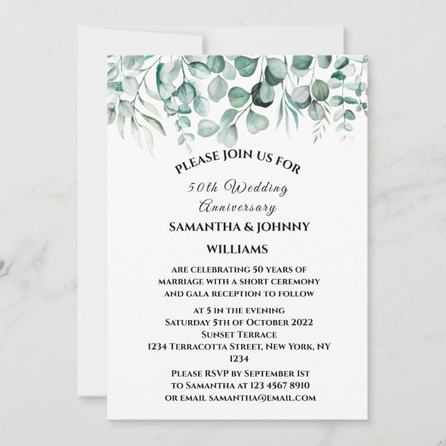 Convite 50º Aniversário do Casamento Eucalyptus Botanical (Frente)