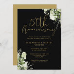 Convite 50º Aniversário do Casamento Greenery Black e Dour<br><div class="desc">Esta elegante vegetação botânica deixa o 50º convite de aniversário de casamento pode ser personalizado com suas informações em tipografia de ouro-chico com suas datas especiais no verso. Projetado por Thisnotme©</div>