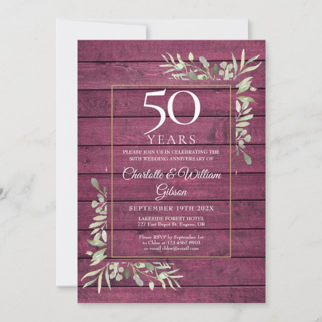 Convite 50º Aniversário do Casamento Greenery Rustic Red W (Frente)