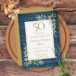 Convite 50º Aniversário do Casamento Madeira Azul Rústica<br><div class="desc">Apresentando um delicado verde-jardim de aquarela em um fundo de madeira rústica azul,  este convite de na moda pode ser personalizado com suas informações especiais de comemoração de 50 anos,  com um ouro no sentido inverso. Projetado por Thisnotme©</div>