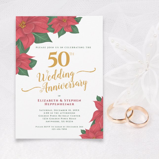 Convite 50º Aniversário do Casamento Watercolor Red Poinse (50th Wedding Anniversary Watercolor Red Poinsettia Invitation)