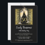Convite 50º Aniversário do Champanhe Dourado com Lâmpada P<br><div class="desc">Um moderno convite de aniversário brilhante de 50.º marco cintilante com brilho,  com óculos de champanhe erguendo uma torrada,  e um confete com brilho dourado sobre um fundo preto com um roteiro na moda moderno. Um estilo brilhante e arrojado.</div>