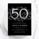 Convite 50º aniversário do Elegante Silver Black<br><div class="desc">Elegante preto prateado 50º convite de aniversário. Design feminina moderna personalizável,  com sotaques botânicos rosas e prata brilhante fraca. Simples cartão de convite floral perfeito para uma comemoração de um na moda. Personalize com seus próprios detalhes. Impressos convites Zazzle ou modelo de impressão digital instantânea para download.</div>