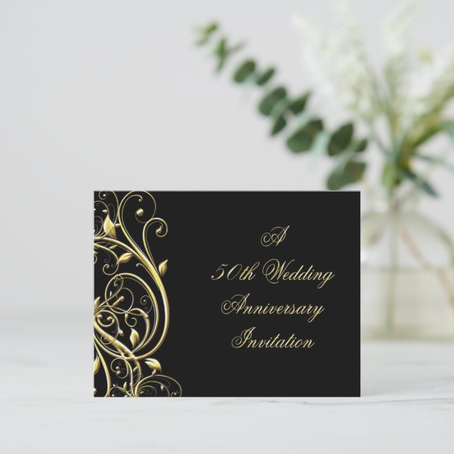 Convite 50º Aniversário do Flourish Dourado Negro (Em pé/Frente)