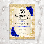 Convite 50º aniversário - Douradas faixas Rosas azuis reai<br><div class="desc">50º Convite de Aniversário. Design elegante em ouro e azul real. Apresenta fitas de ouro com brilho sutil,  fonte de script na moda e confetti rosa de de safira. Perfeito para uma festa de aniversário de vidro.</div>