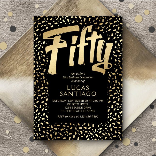 Convite 50º aniversário Dourado Confetti Negro (Criador carregado)