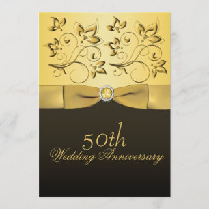 Convite 50º Aniversário Dourado e Preto Floral Revestido d