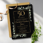 Convite 50º aniversário Dourado Greenery deixa aquarela<br><div class="desc">Apresentando delicadas folhas verdes de jardim de aquarela em fundo preto. Este convite de aniversário de chic pode ser personalizado com seus detalhes especiais de comemoração de 50 anos na tipografia na moda gold. Projetado por Thisnotme©</div>