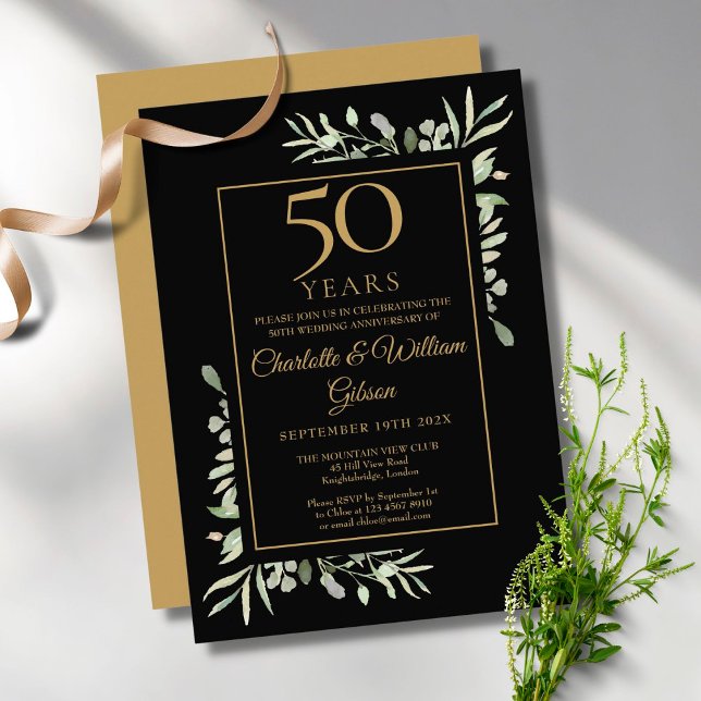 Convite 50º aniversário Dourado Greenery deixa aquarela (50th Gold Anniversary Greenery Leaves Watercolour Invitation)