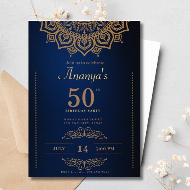 Convite 50º aniversário Dourado Mandala Elegante Simples (Criador carregado)