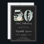 Convite 50º aniversário Fabuloso<br><div class="desc">Um elegante 50 e fabuloso convite de aniversário com florais de aquarela e tipo bonito de escrita. Branco sobre preto,  com uma borda branca</div>