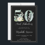 Convite 50º aniversário Fabuloso<br><div class="desc">Um elegante 50 e fabuloso convite de aniversário com florais de aquarela e tipo bonito de escrita. Branco sobre preto,  com uma borda branca</div>