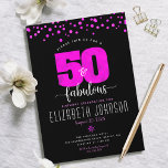 Convite 50º aniversário fabuloso pontos de folha rosa quen<br><div class="desc">"50 e fabuloso." Adquira-o e levante-o em 50 com estilo! Envie esta estonteante, moderna, falso gráfico "50" e pontos em fundo preto, 50 anos de aniversário, convite personalizado para uma celebração a lembrar. Os pontos cor-de-rosa quente adoram as costas. Também estão disponíveis envelopes de coordenação, etiquetas, placas de papel, guardanapos...</div>