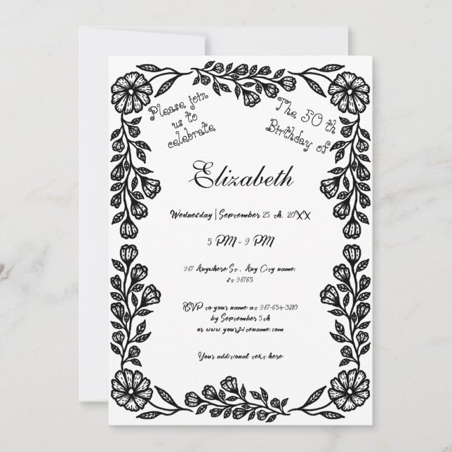 Convite 50º Aniversário Floral Botânico Preto e Branco (Frente)