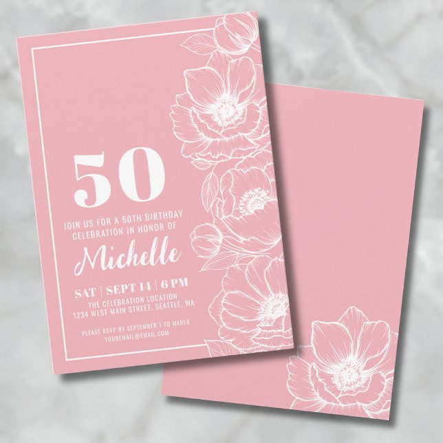 Convite 50º Aniversário Floral Rosa (Pink Floral 50th Birthday Invitation )