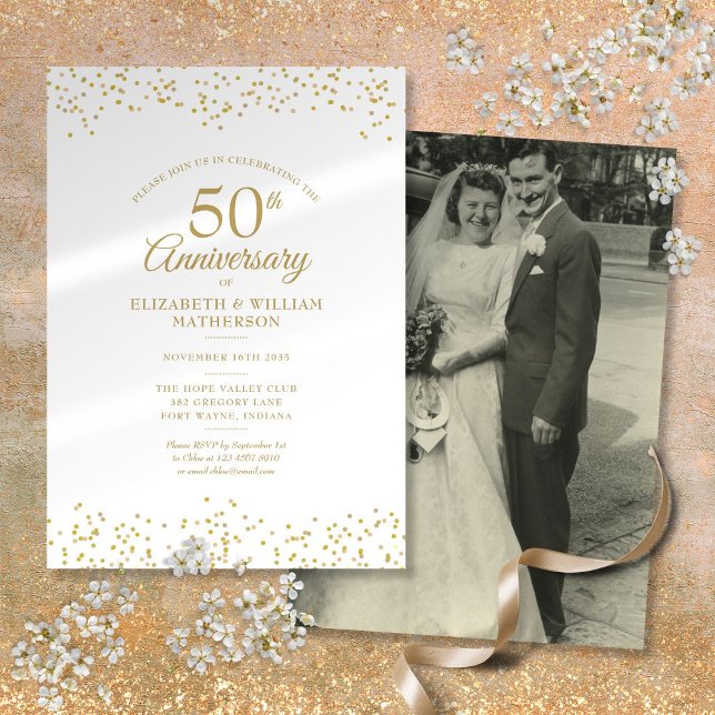 Convite 50º Aniversário Foto do Seu Casamento Pó de Ouro (50th Anniversary Your Wedding Photo Gold Dust Invitation)