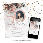 Convite 50º Aniversário Foto Elegante Cor-de-Rosa Branco F<br><div class="desc">50.º Aniversário Convite Fotográfico Elegante Cor-de-Rosa Branco Floral Suave e Rosa. Um belo e elegante convite para o design floral, que apresenta lindas e suaves flores rosa. Este design permite adicionar uma foto da pessoa de aniversário e todos os detalhes são totalmente personalizáveis. Precisa de ajuda com este modelo? Entre...</div>