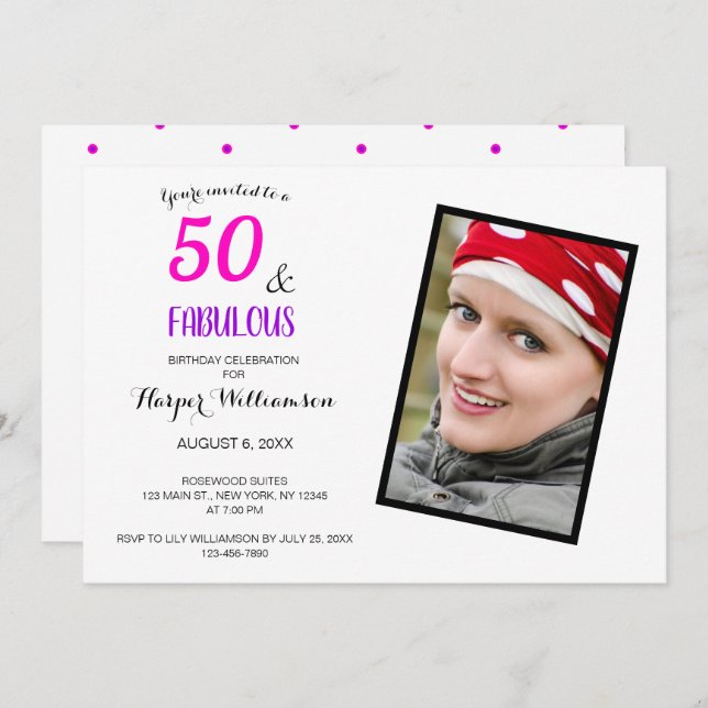 Convite 50º aniversário Foto rosa Púrpura e Elegante (Frente/Verso)
