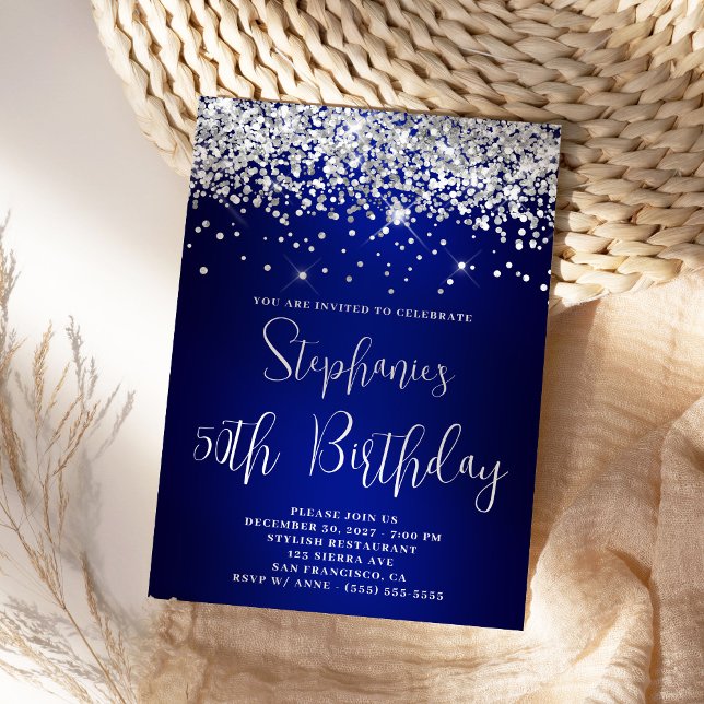 Convite 50º Aniversário Glitter Marinho Real Azul (Silver and Blue Birthday Invite)