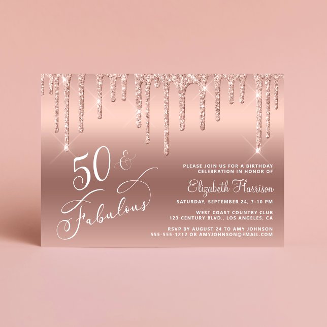 Convite 50º Aniversário Glitter Rosa Dourado (Celebrate her 50 years of sparkle with an elegant rose gold glitter birthday party invitation  🎂 🥂)