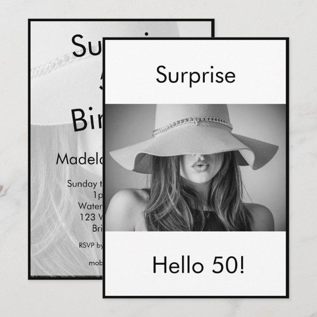 Convite 50º aniversário Imagem Branca Preta Surpresa Elega (Frente/Verso)
